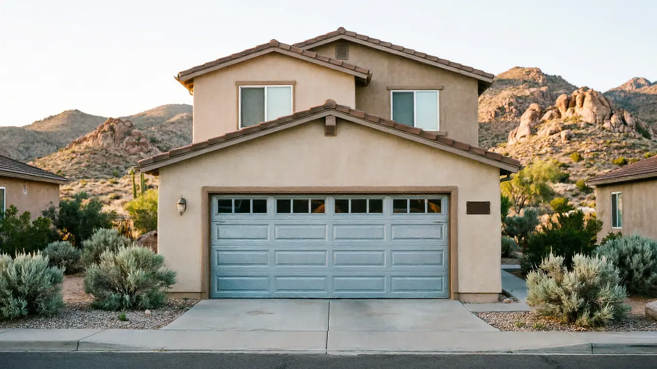 The house has a light gray garage door with windows, a tan exterior, and a tiled roof.