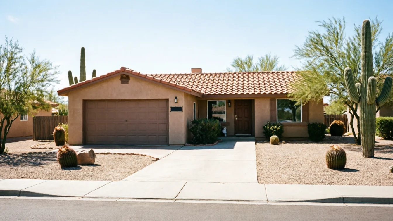 A tan house with a brown garage door and a tiled roof stands in a desert landscape.