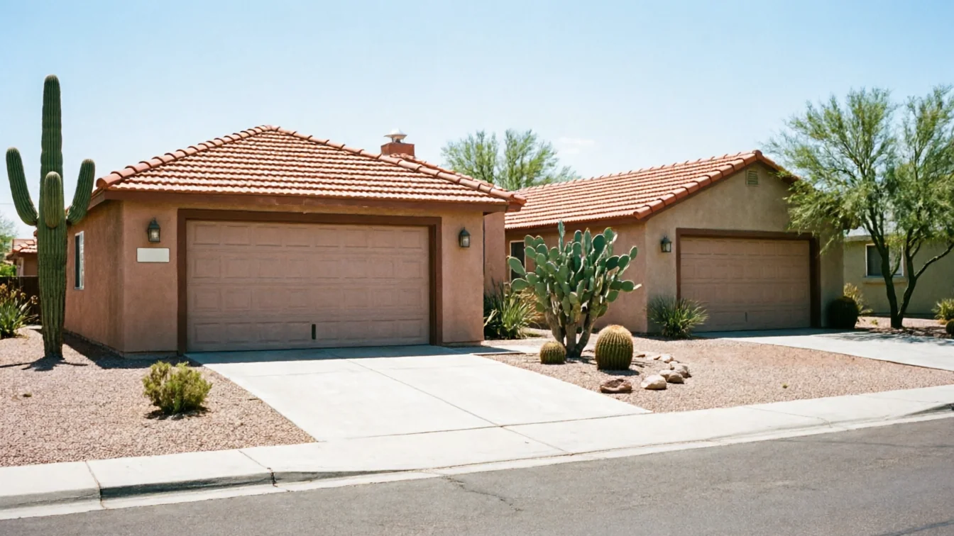 Two houses with tan garage doors and red tile roofs stand under a clear sky.