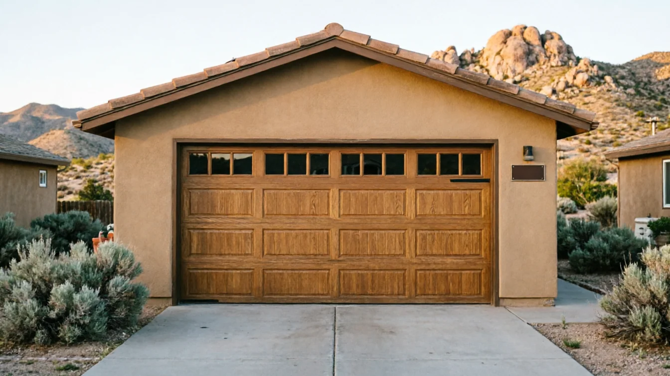 A brown garage door with windows on a stucco house.