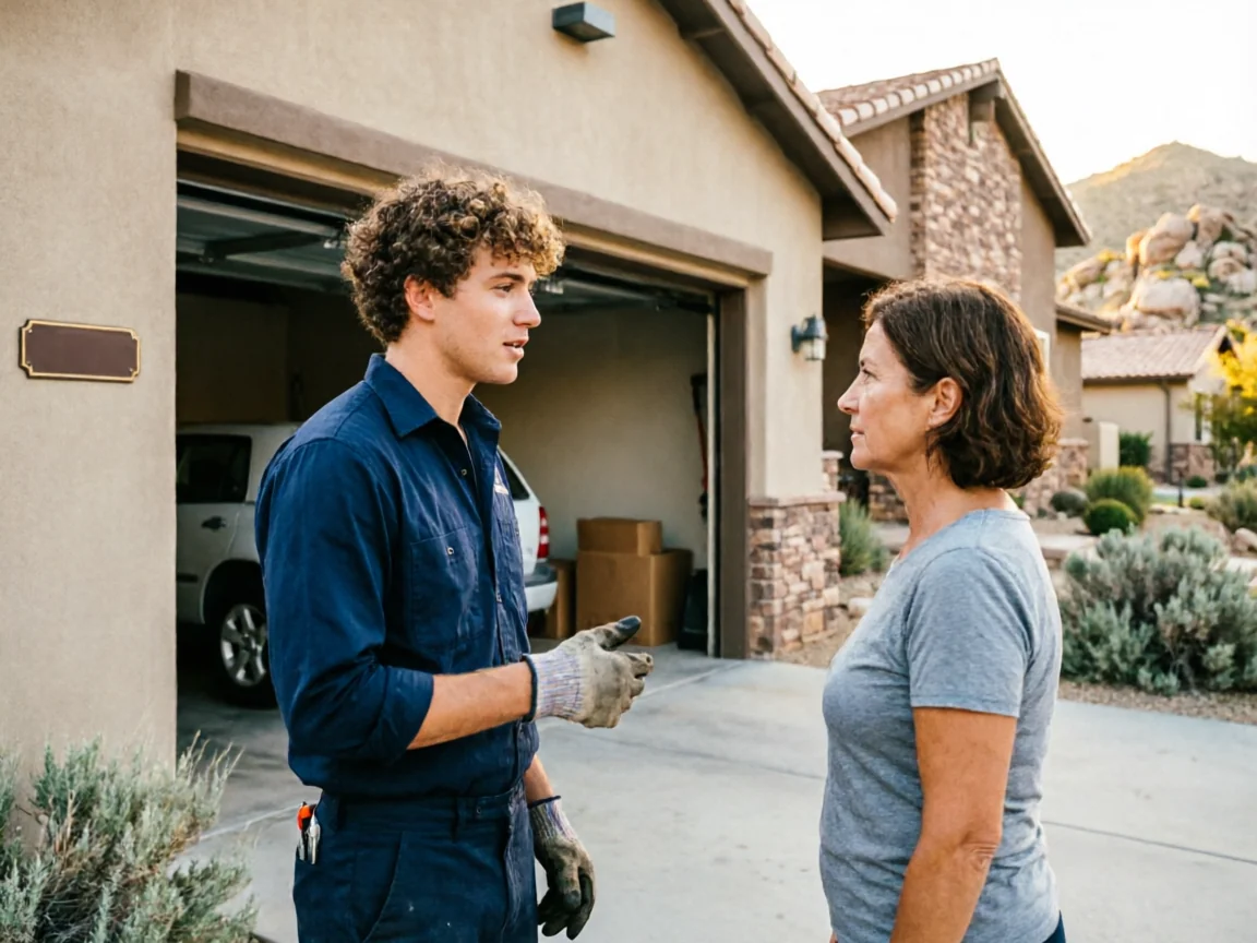 A technician in a blue uniform talks to a woman in a gray shirt outside a house.