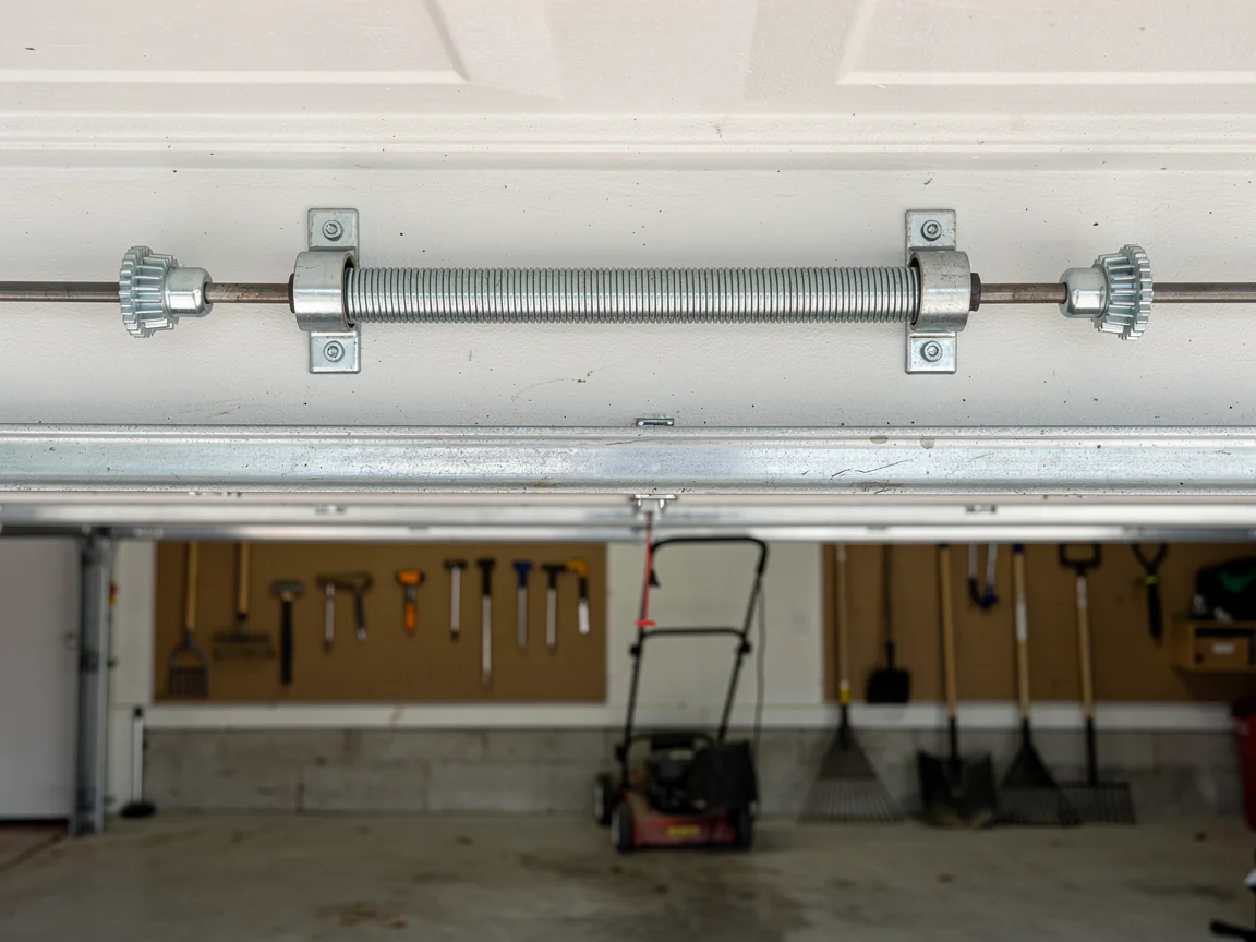 A garage door torsion spring is mounted above the open garage door.