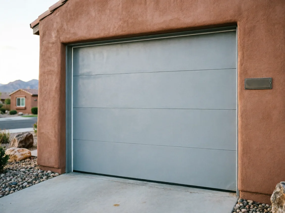A light gray garage door is installed in a brown stucco house.