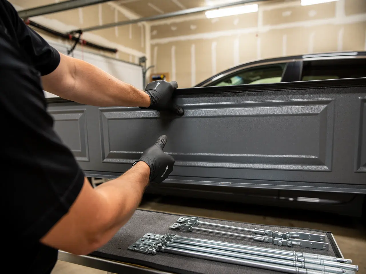 A technician in black gloves installs a gray garage door panel.