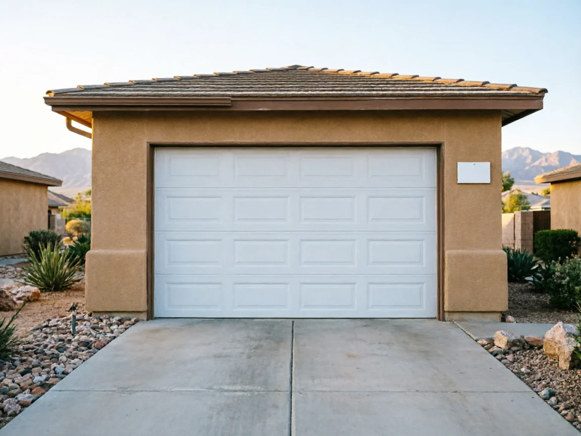 The house has a white garage door, a brown stucco exterior, and a tiled roof.