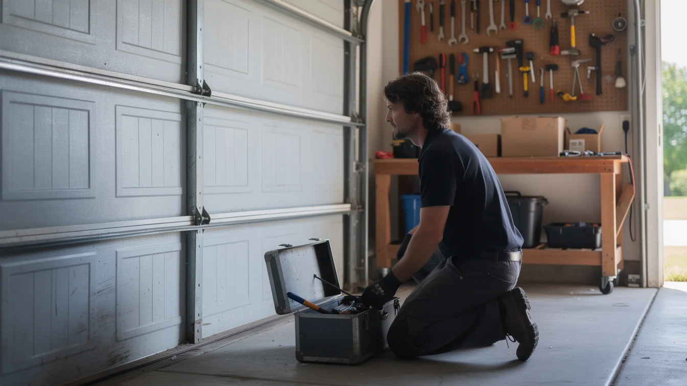 A technician kneels in a garage, looking at an open toolbox and a white garage door.